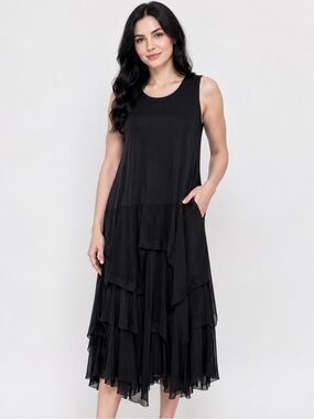 Kozan Black Layered Midi Dress Women’s Size Small Soft Stretch Asymmetrical Hem